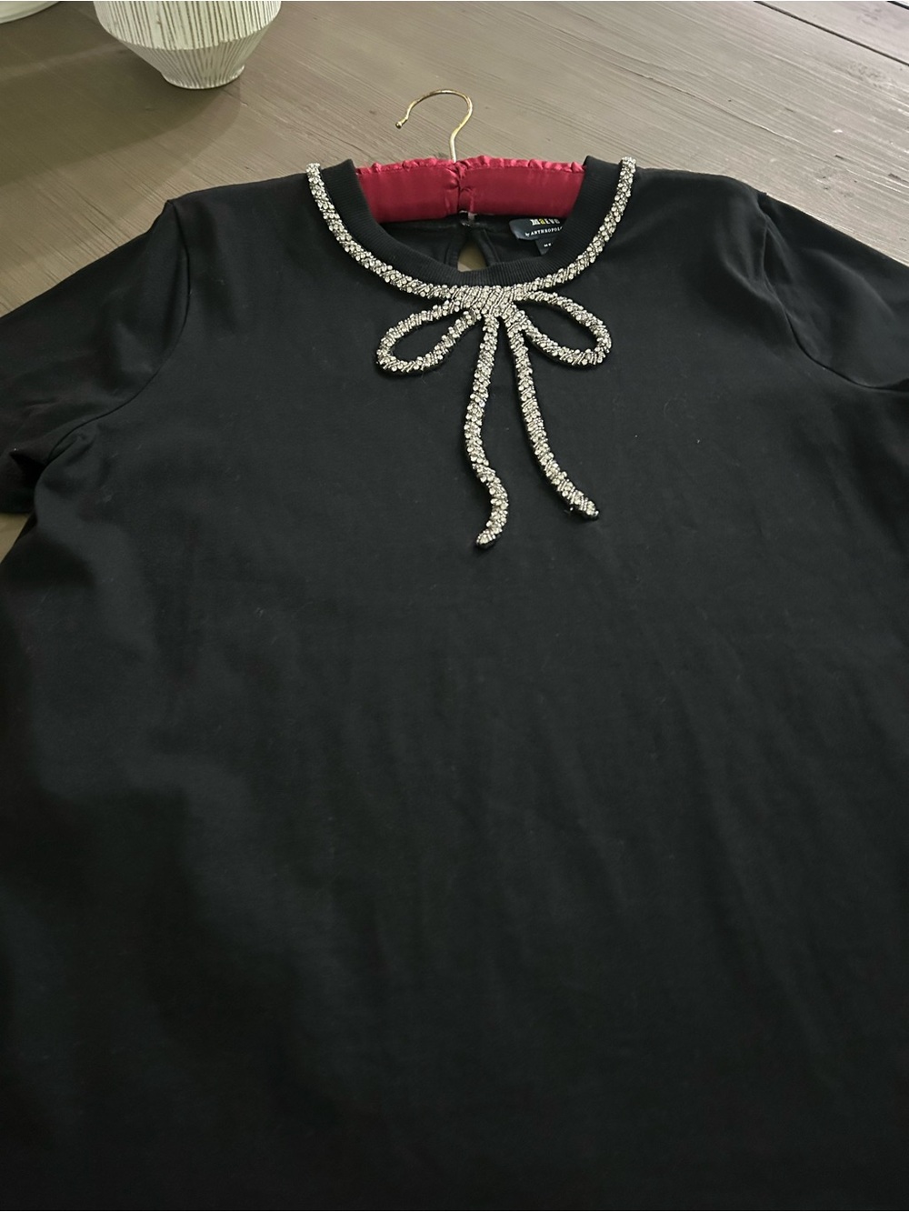 Embellished Black Bow Neck Women's Top